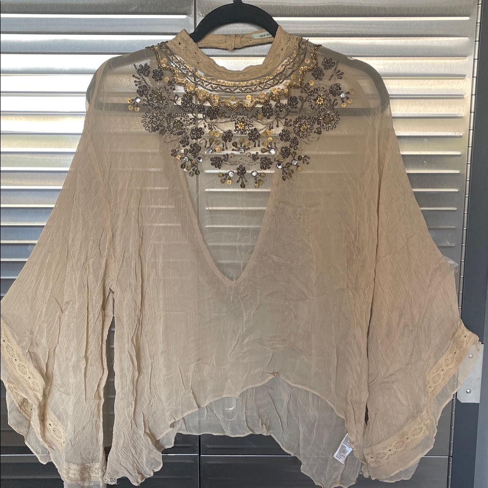 Kimchi Beige Sheer Blouse with Floral Embellishments
